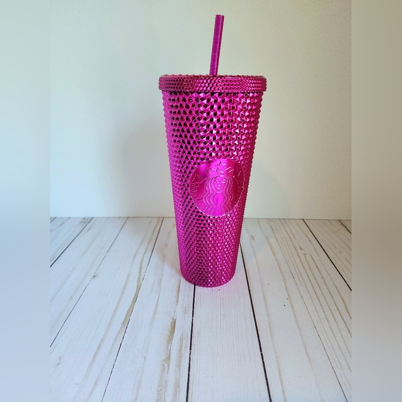 Pink metallic Starbucks Tumbler spiked texture 24 oz straw cup collectible - Picture 2 of 5